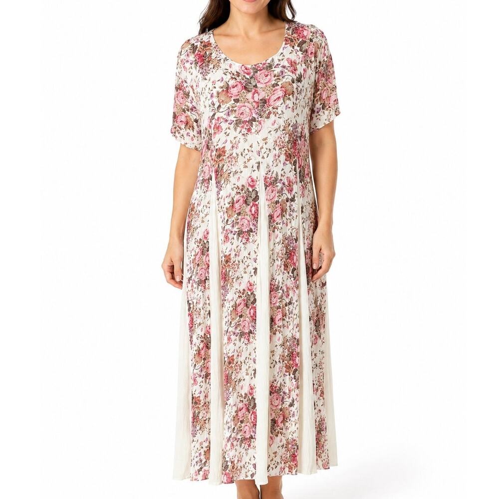 Vintage Floral Rayon Maxi Dress Cream Pink Cottagecore Romantic Boho Medium